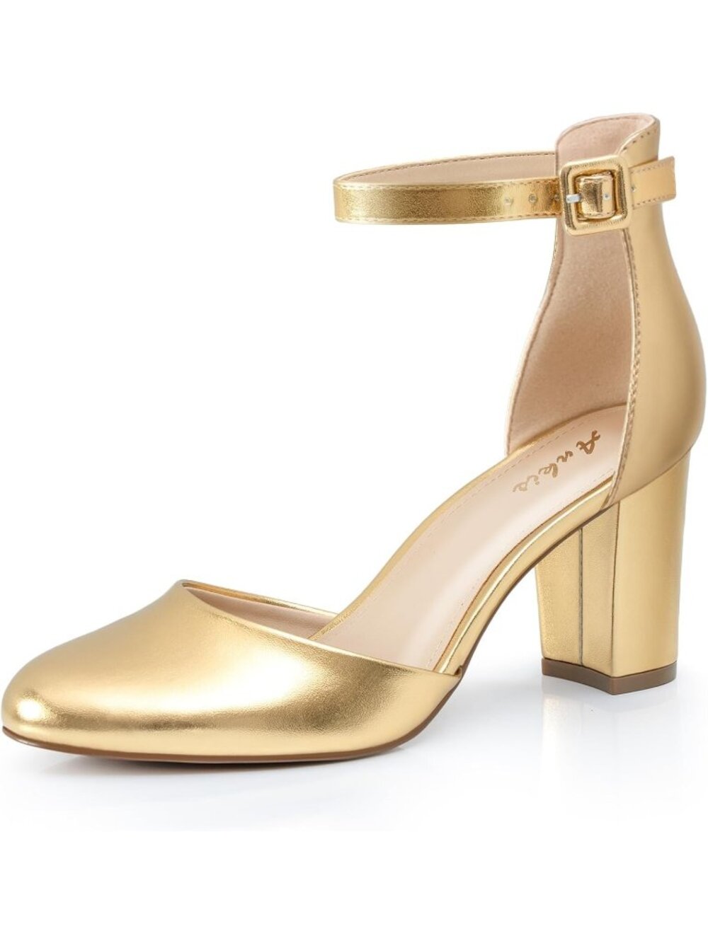 Women's Gold Closed Round Toe Chunky Block Heels Adjustable Ankle Strap Pumps